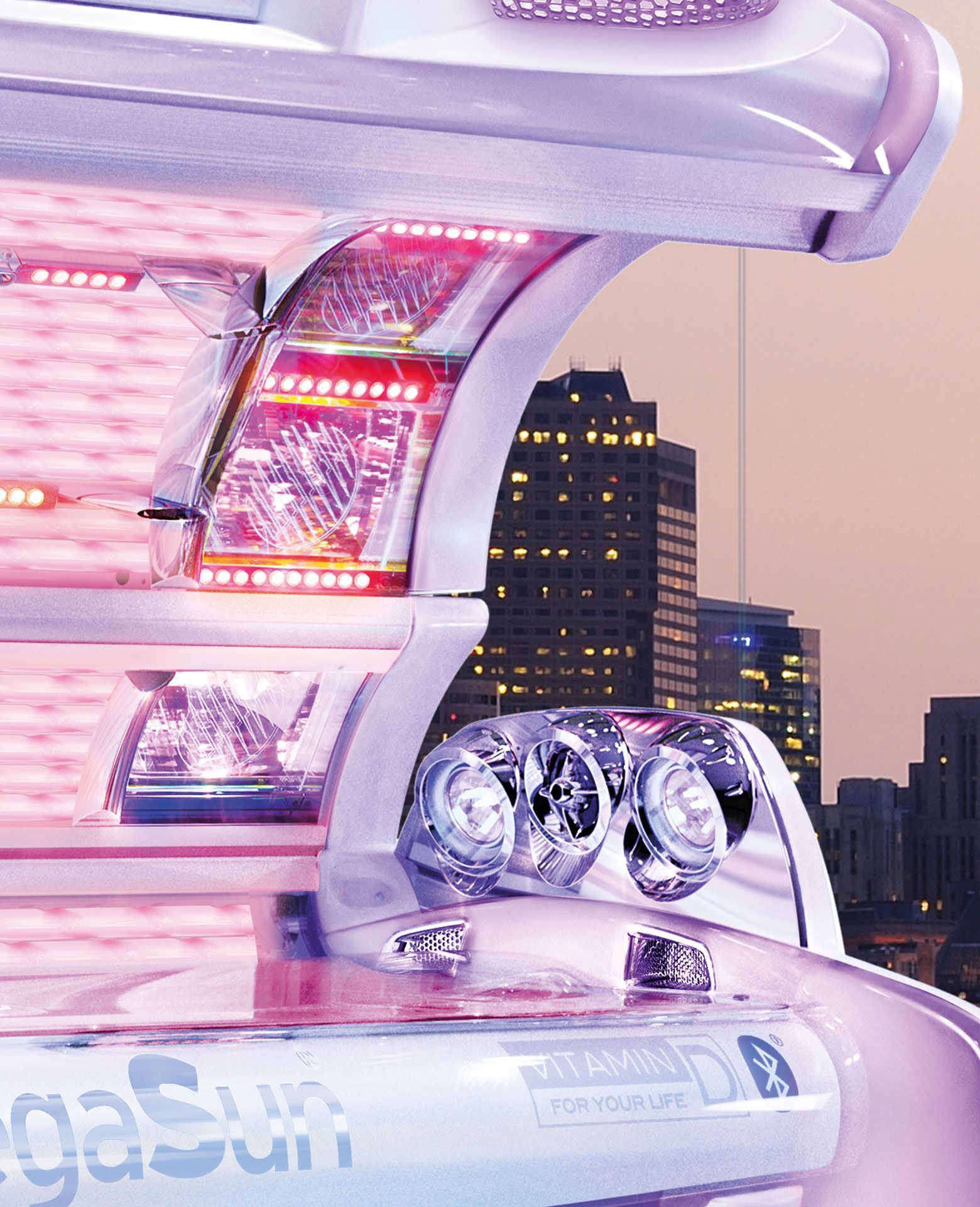 Ein Bräunungsgerät mit einer Skyline im Hintergrund