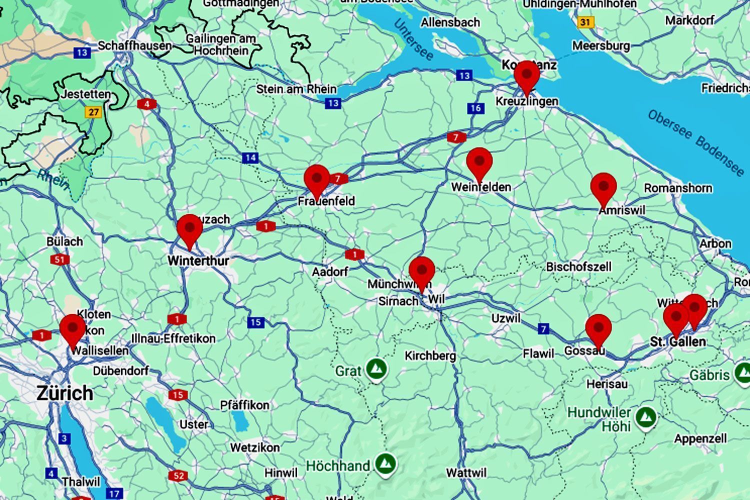 Karte mit allen 10 SunWorld Solarium Standorten in der Schweiz – Zürich, Winterthur, Kreuzlingen, Frauenfeld, Weinfelden, Amriswil, Wil, Gossau und St. Gallen. Solariumstudio in Ihrer Nähe entdecken – mit Vitamin D & Collagen Licht.