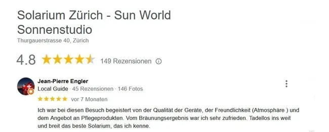 5-Sterne Google Bewertung für SunWorld Solarium – höchste Kundenzufriedenheit, beste Geräte und überzeugendes Bräunungsergebnis.