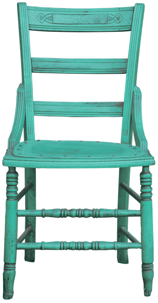 A turquoise wooden chair with a ladder back on a white background.