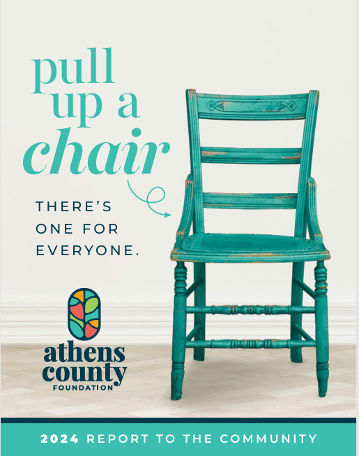 Cover of Athens County Foundation Annual Report 2024. Features teal colored chair with the text 