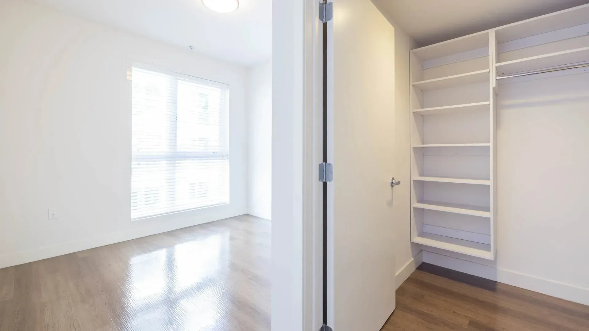 Empty bedroom with large closet and window.