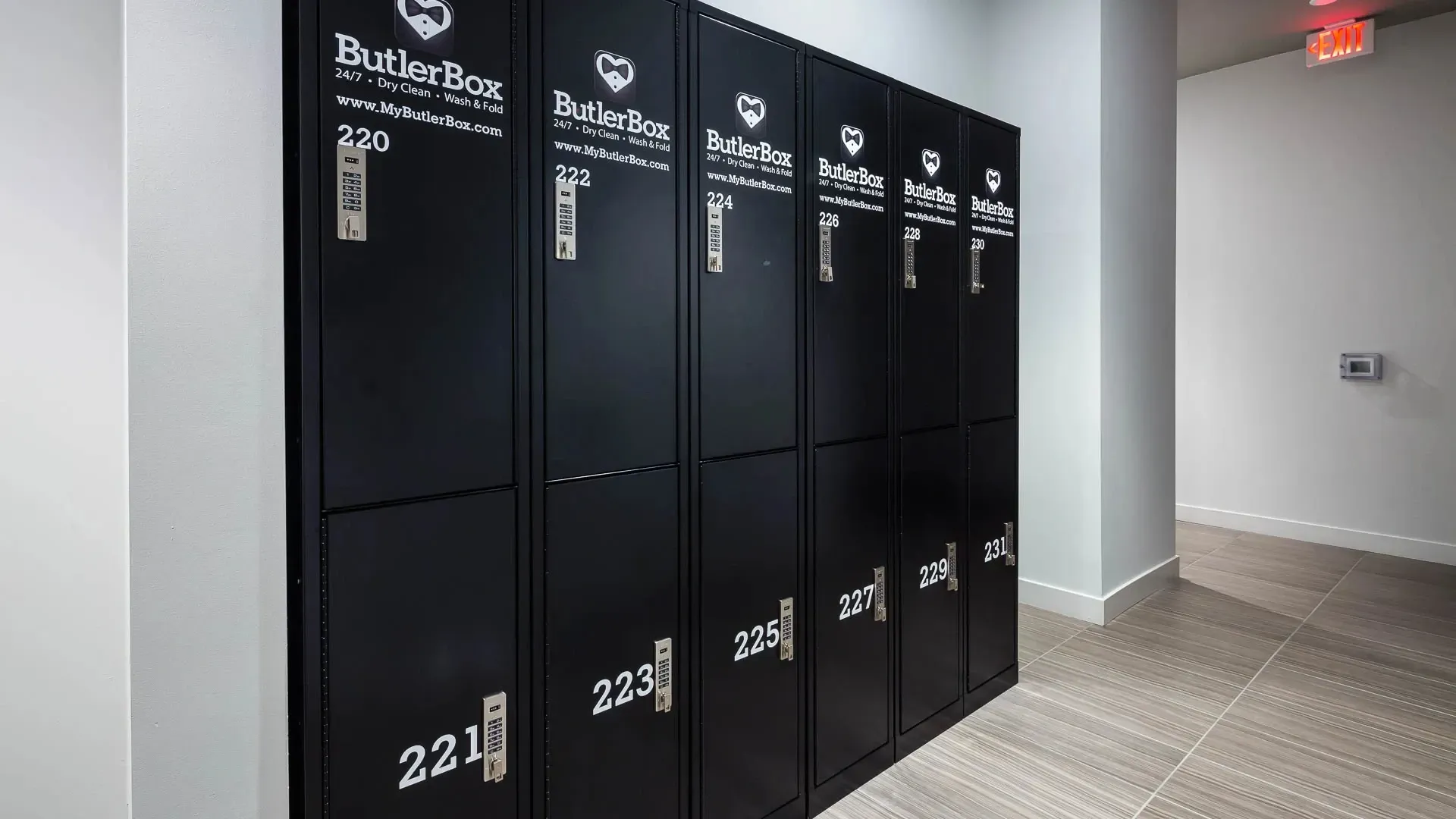 ButlerBox 24/7 Dry Clean, Wash & Fold lockers numbered 220-231.