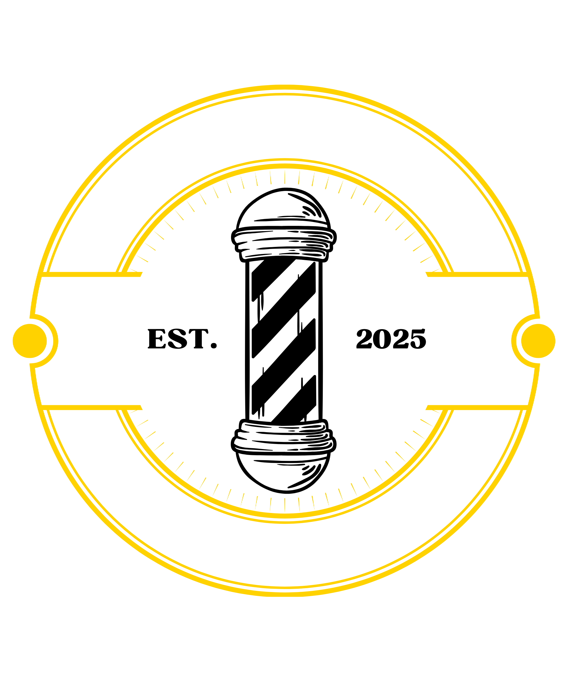 Barber shop logo with a barber pole in a yellow circular frame,