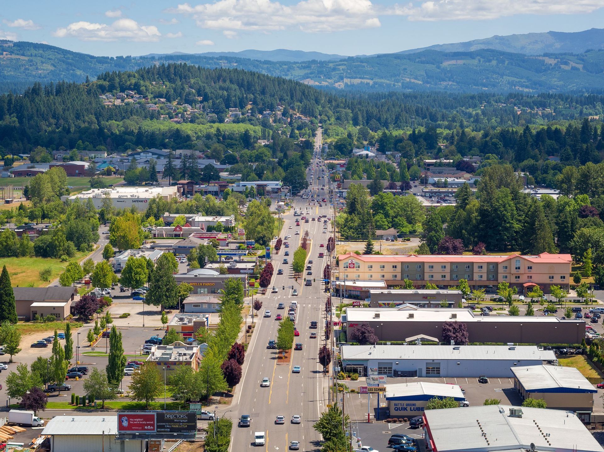 drone shot of downtown battle ground, wa
