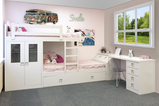 Dormitorio blanco con cajones, escritorio y armario - Liquidación  dormitorios de exposición