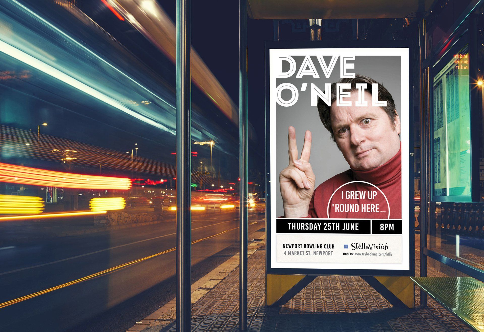 Comedy posters for Stellavision featuring Dave O'Neil. Design by Calvert & Co