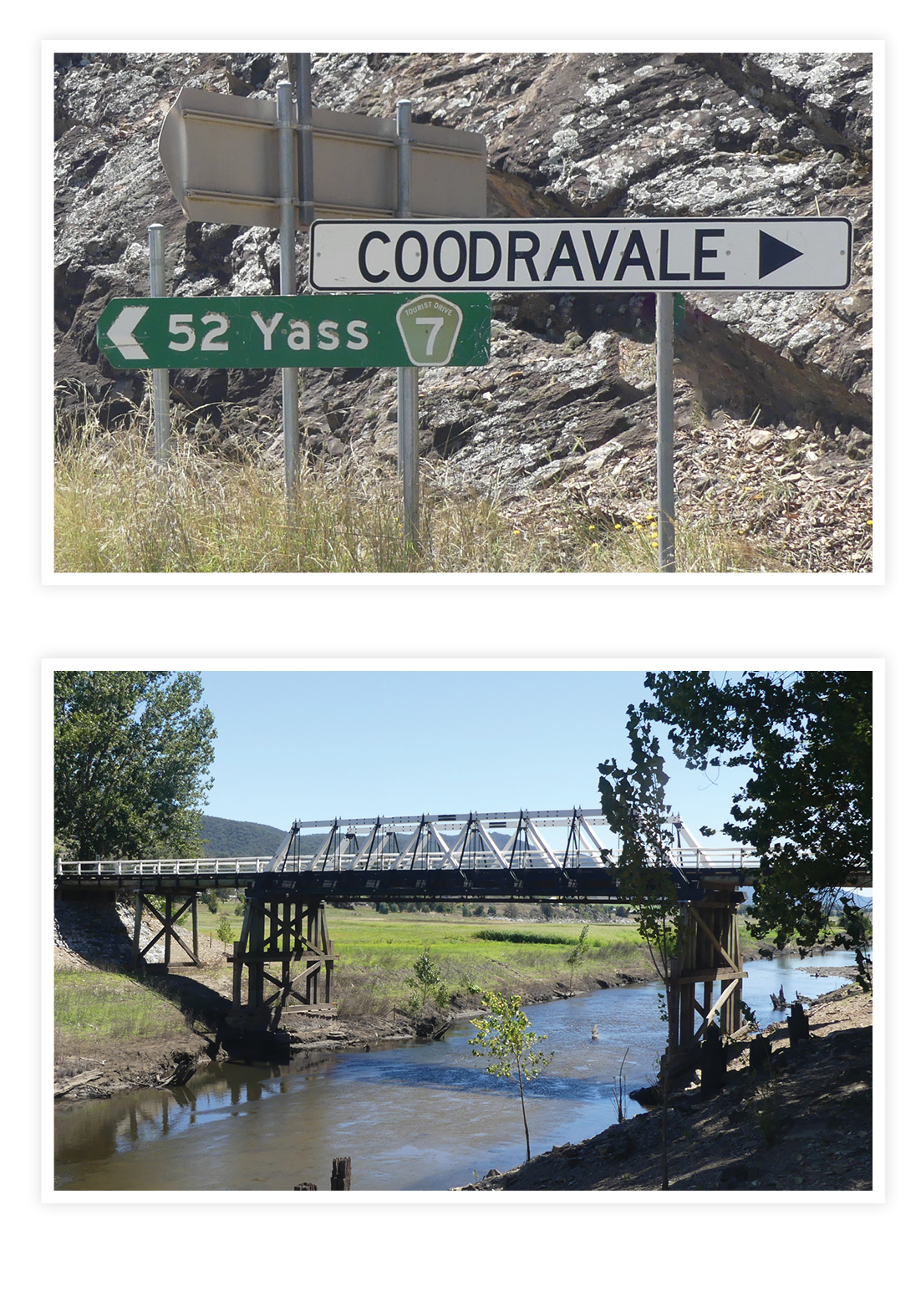 TOP: Road signs for Yass and Coodravale, where Banjo Paterson once lived and farmed. ABOVE: The Wee Jasper Bridge over the Goodradigbee River.