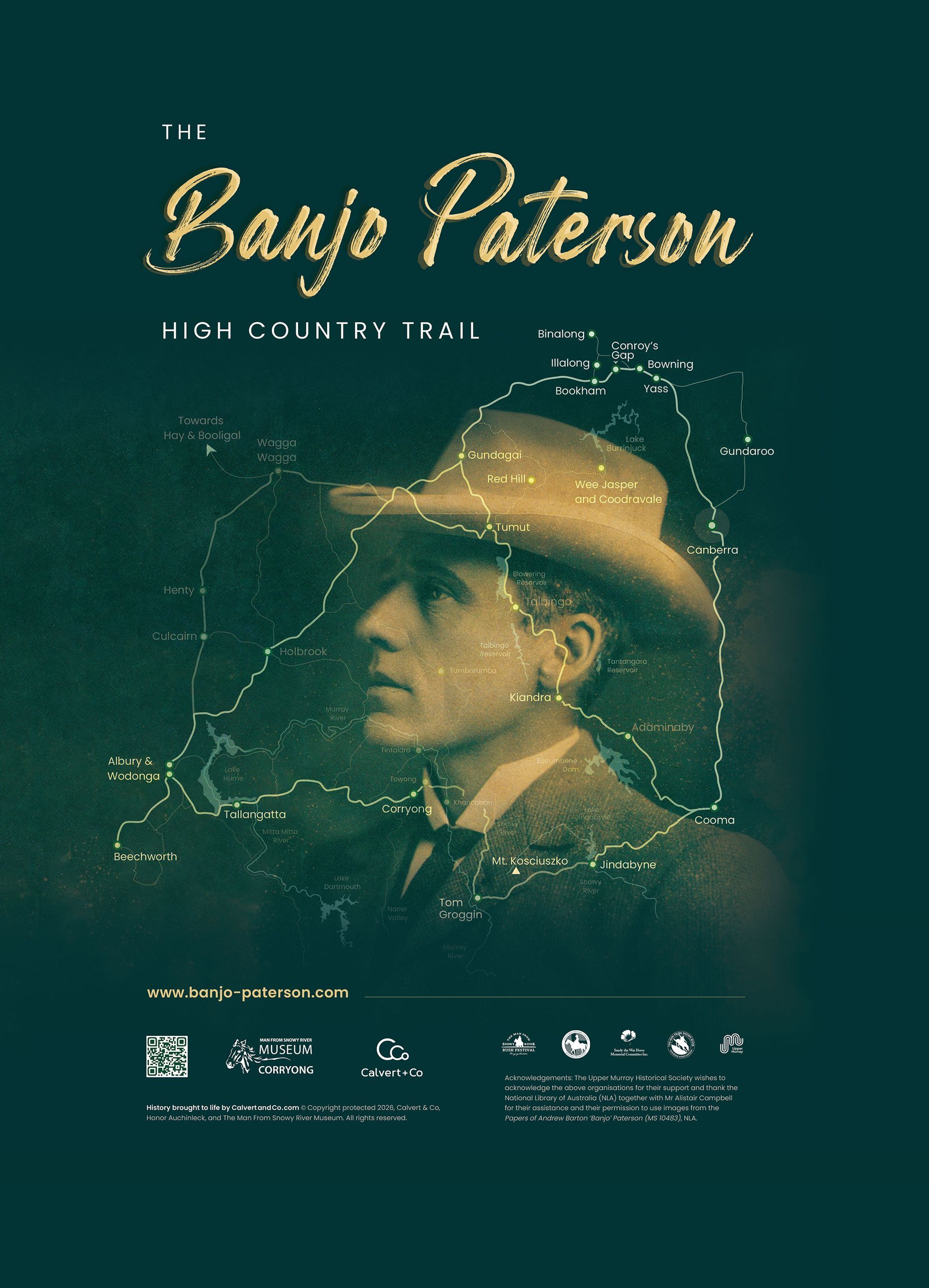 Map and poster for the Banjo Paterson High Country Trail  and the man to promote the banjo-paterson.com website.
