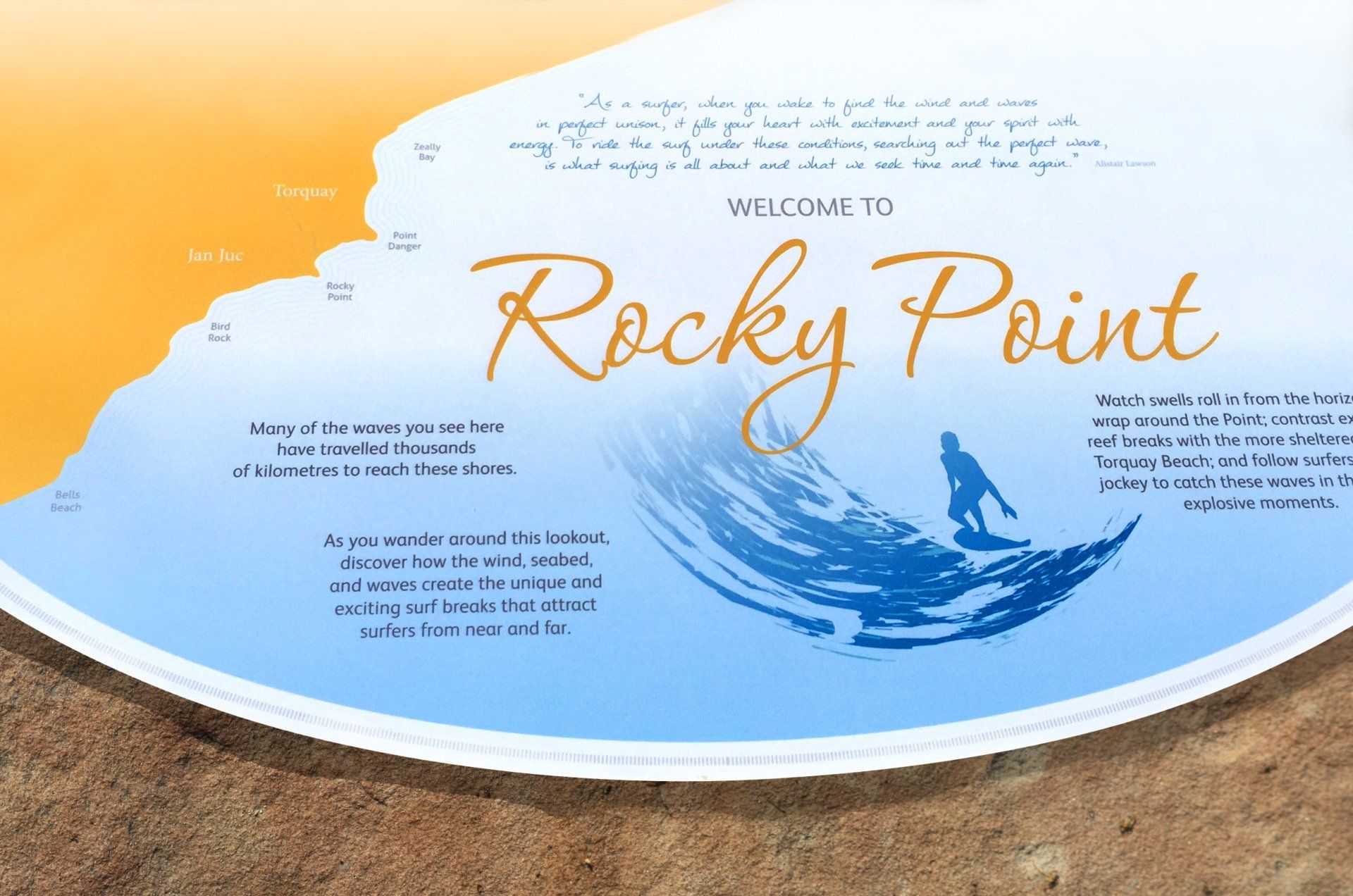 Rocky Point is a significant surfing area which features interpretive signage. Graphic Design by Calvert & Co