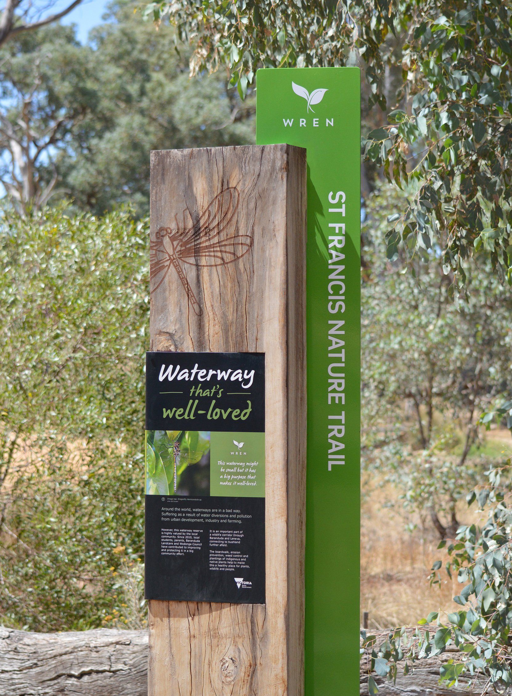 St Francis Trail sign for the Wodonga Retained Environment Network (WREN). Interpretive signage style guide concepts, identity  and artwork for production. Design by Calvert & Co