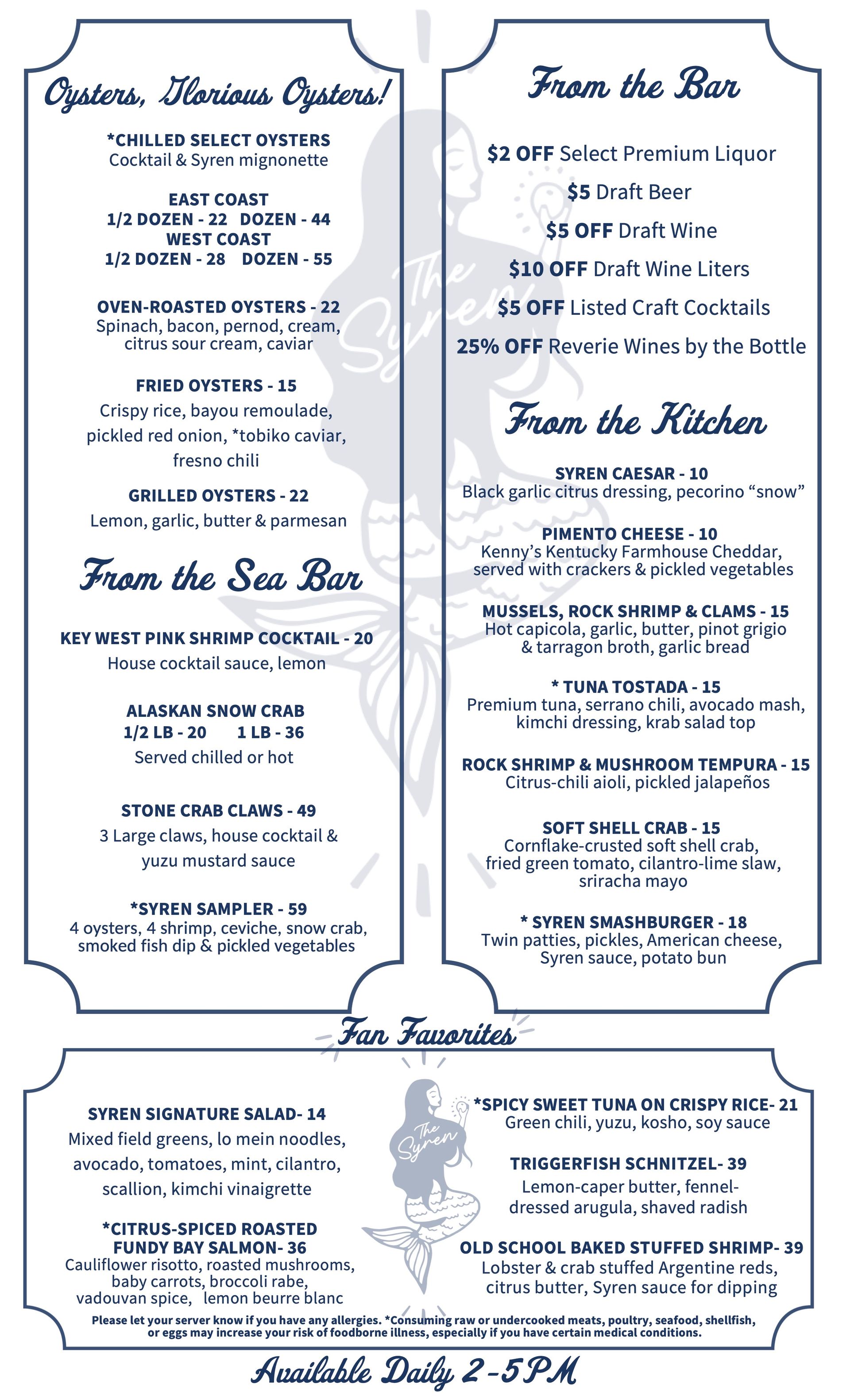 Syren Oyster & Bar Happy Hour Menu