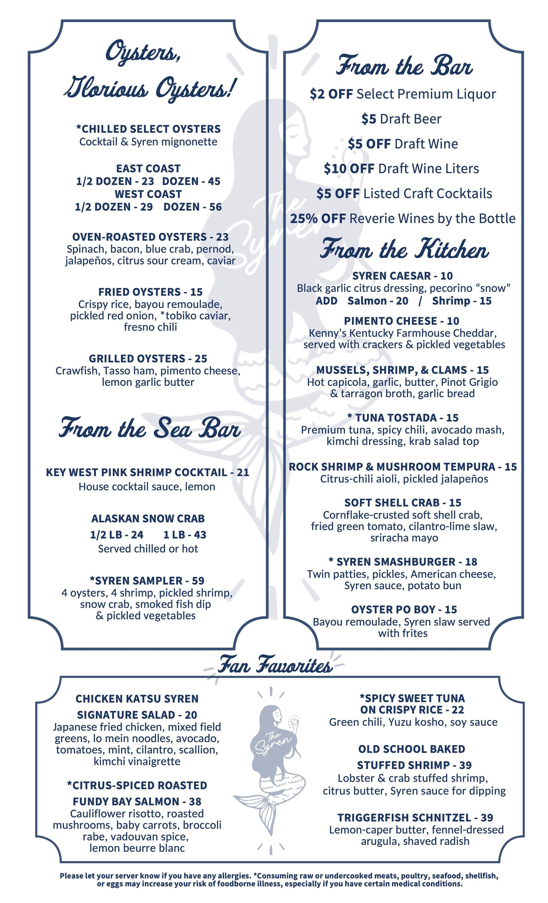 Syren Oyster & Bar Happy Hour Menu