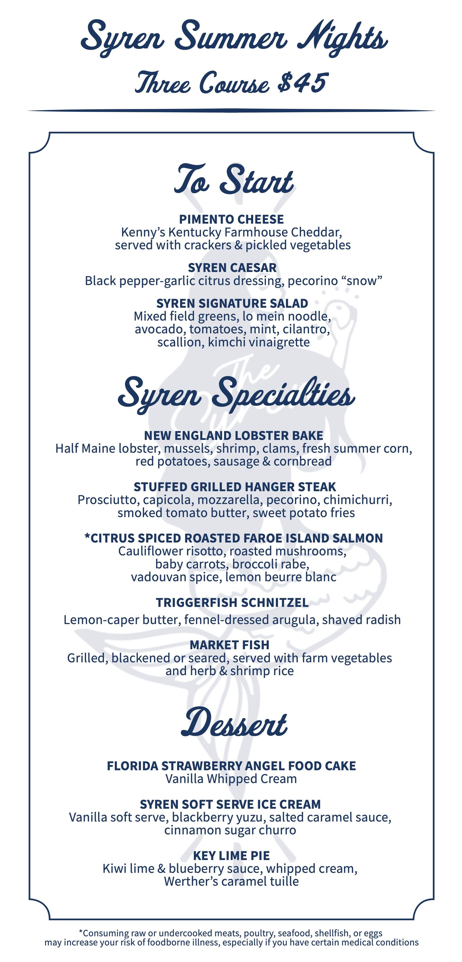 Syren Summer Nights Menu