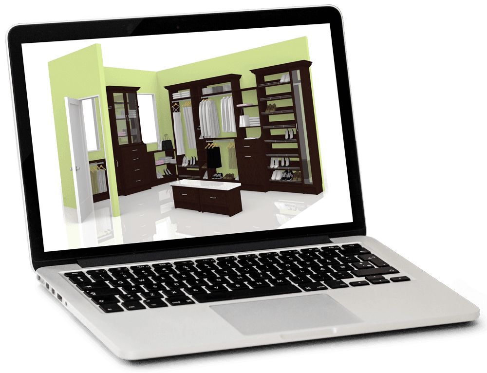 Laptop displaying a 3D rendering of a walk-in closet with brown cabinets, shelves, and hanging clothes.