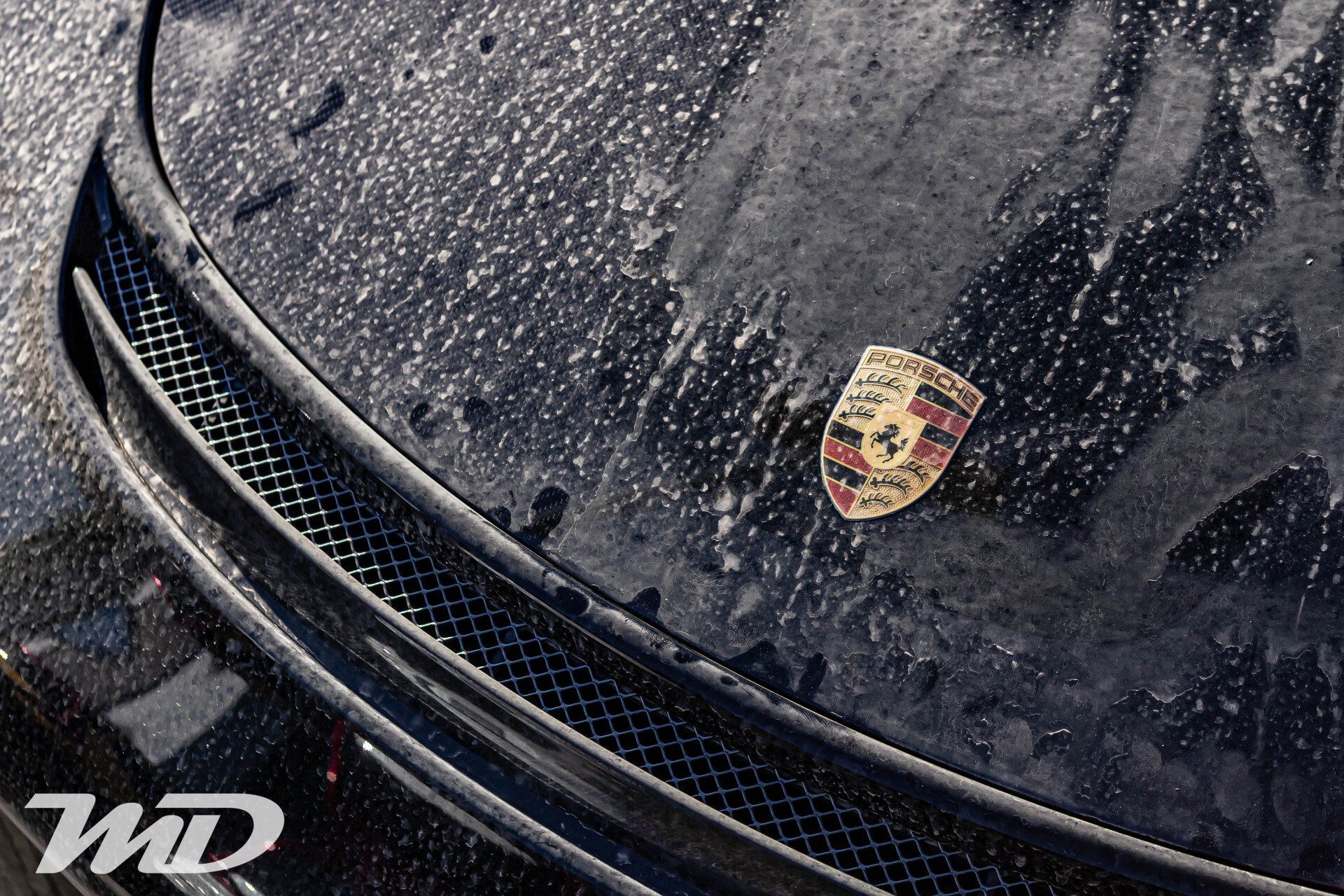 A close up of the hood of a porsche car