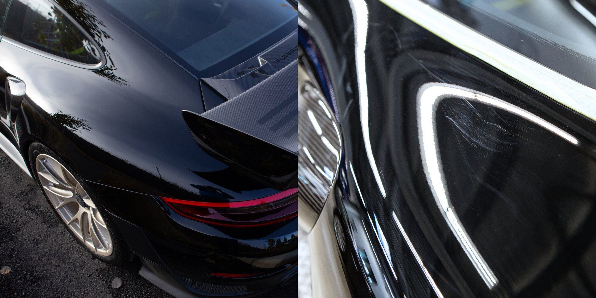 A black car is parked next to a white car