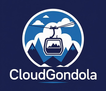 CloudGondola CloudGondola logo with cable car, mountains, and clouds in blue and white on a navy background.