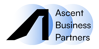 Logo for Ascent Business Partners: black abstract shape with blue gradient circles and text.