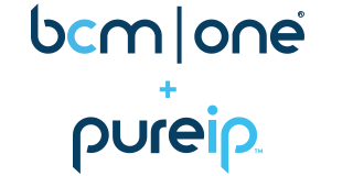 Logo: bcm|one plus pureIP in blue and light blue.
