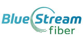 Blue Stream Fiber logo with blue text and a green fiber optic graphic.
