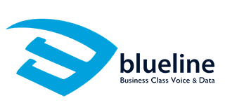 Blue logo with a stylized letter 