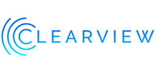 Clearview logo: Blue concentric circles next to the word 