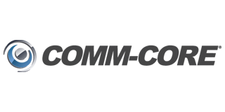 Logo for COMM-CORE, a technology company. Features a stylized eye icon in blue and silver to the left of the company name.