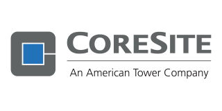 CoreSite logo with a gray square and blue interior, and text 