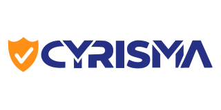 Logo for Cyrisma, featuring an orange shield with a checkmark and the company name in dark blue.