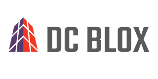 DC BLOX logo with a geometric building icon in purple, orange, and white. Grey text reads 