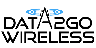 Logo for Data2Go Wireless, text in black with stylized “A” and blue wireless signal symbol on top.