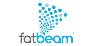 Logo of Fatbeam. The word “fatbeam” in gray and blue, with a stylized beam of blue dots.