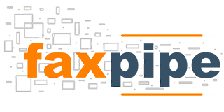 Logo for Faxpipe, text in orange and blue with light gray rectangular shapes in background.