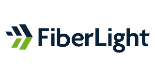 FiberLight logo with a stylized arrow and text. The logo features dark blue and green.