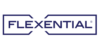 Flexential logo in a dark blue rectangular frame with cutouts, the word FLEXENTIAL in blue.
