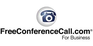Logo for FreeConferenceCall.com: a white sphere with a phone icon, text 