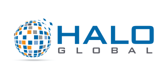 Halo Global logo with a globe made of squares and the text 