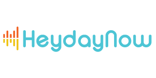 Logo for HeydayNow. Text in light blue with orange and yellow bars on the left.