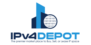 Logo for IPv4 Depot, a marketplace for IP space. Features a building graphic with binary code and text in blue.