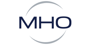 MHO logo with the letters in dark blue and a gray arch.