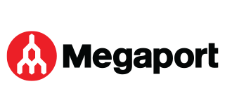 Megaport logo: red circle with a white abstract design, black 