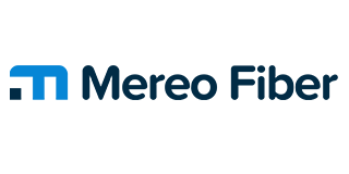 Logo for Mereo Fiber: Blue and dark blue design with text 