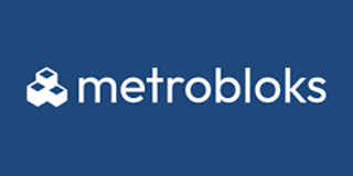Logo of Metrobloks with a white block design and white text on a blue background.