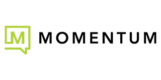 Momentum logo with a lime green speech bubble containing an M. The word 