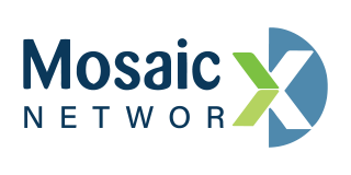 Mosaic Network logo with dark blue text, green and blue graphic.