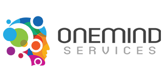 Logo of OneMind Services: a colorful head profile with abstract circles, with text 