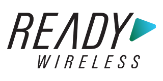 Logo for Ready Wireless; black text with a teal play button.