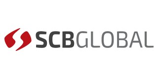 SCB Global logo with a red abstract design and gray text.