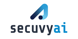Secuvyai logo: blue abstract shape over dark text 